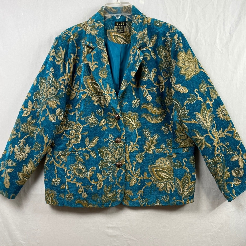 ELCC Tapestry Blazer Womens 1X Teal Gold Floral Brocade Lined Button Up Jacket